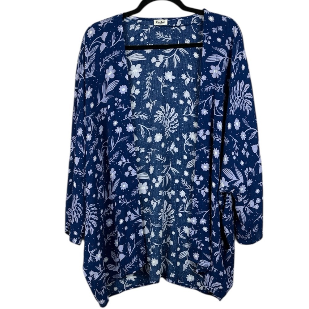 Rachel Blue Lavender Eco Vero Floral 3/4 Sleeve Open Front Kimono Style Tunic